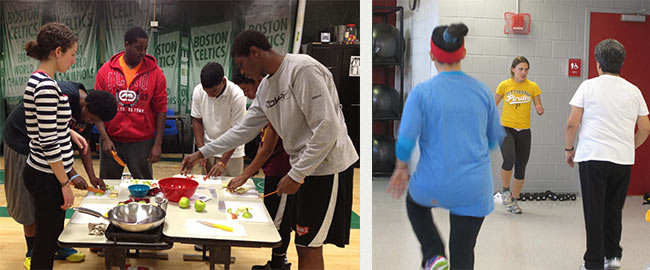 At Blackstone Community Center in Boston’s South End, Gina Petracca (’16) (left) taught a nutrition class for teens, while Christina Brigante (’12, ’14) (right) taught a physical fitness class for adults over the age of 55.