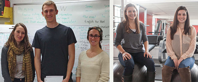 Erin Reese (’13, SPH’15), Danny Neilson (’15), and Alyssa Barsanti (’14) (left, left to right) designed their cooking class to be relevant to teens, while Christina Brigante (’12, ’14) and Elizabeth LaMay (’12, ’14) (right, left to right) focused their exercise sessions on specific areas of the body.