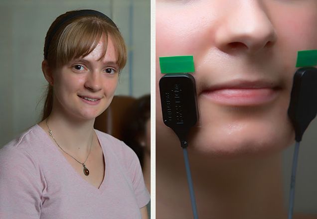 Carolyn Michener (’16) (above) is working with Sensorimotor Rehabilitation Engineering Lab Director Cara Stepp to help people use facial movement and sound to control human machine interfaces. Electrodes placed on either side of the lips enable a computer to translate muscles’ electrical signals, which correspond to auditory feedback. By contracting these muscles, a user can change the location of the sound, communicating with machines. Photos by Michael D. Spencer