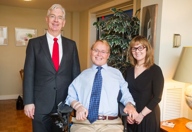 Dean Chris Moore, LaDora Thompson and Travis Roy. Sargent College received a $2.5 million gift to establish the Travis M. Roy Professorship in Rehabilitation Sciences and support an ongoing partnership with the Travis Roy Foundation.