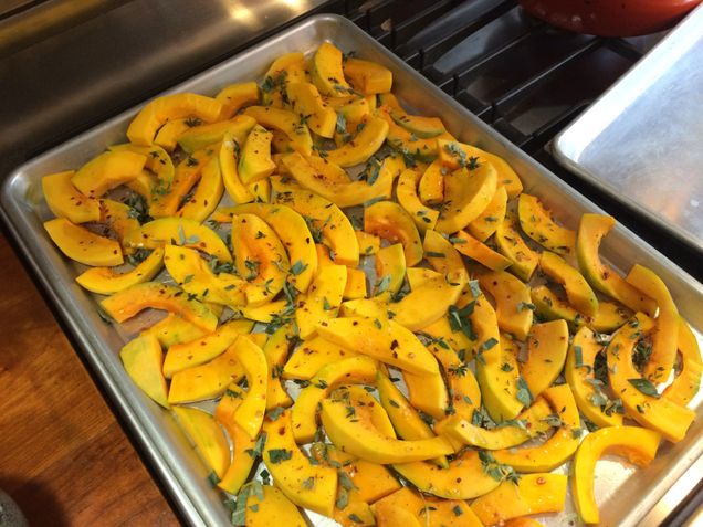 Buttercup squash, cut, seasoned and ready for roasting! Photo by Jessica Spier