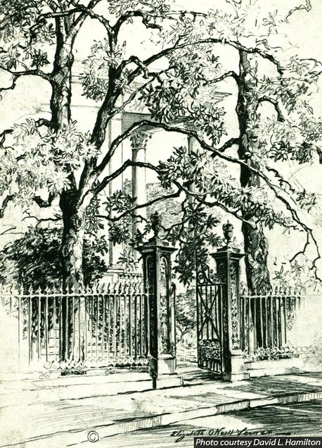 Figure 1. Elizabeth O’Neill Verner, Gates of the Mikell Jenkins House, before 1941, illustration to Mellowed by Time: A Charleston Notebook. 6 1/8” x 4 3/8” (© Estate of Elizabeth O’Neill Verner, owned by Verner Gallery, Ltd.).