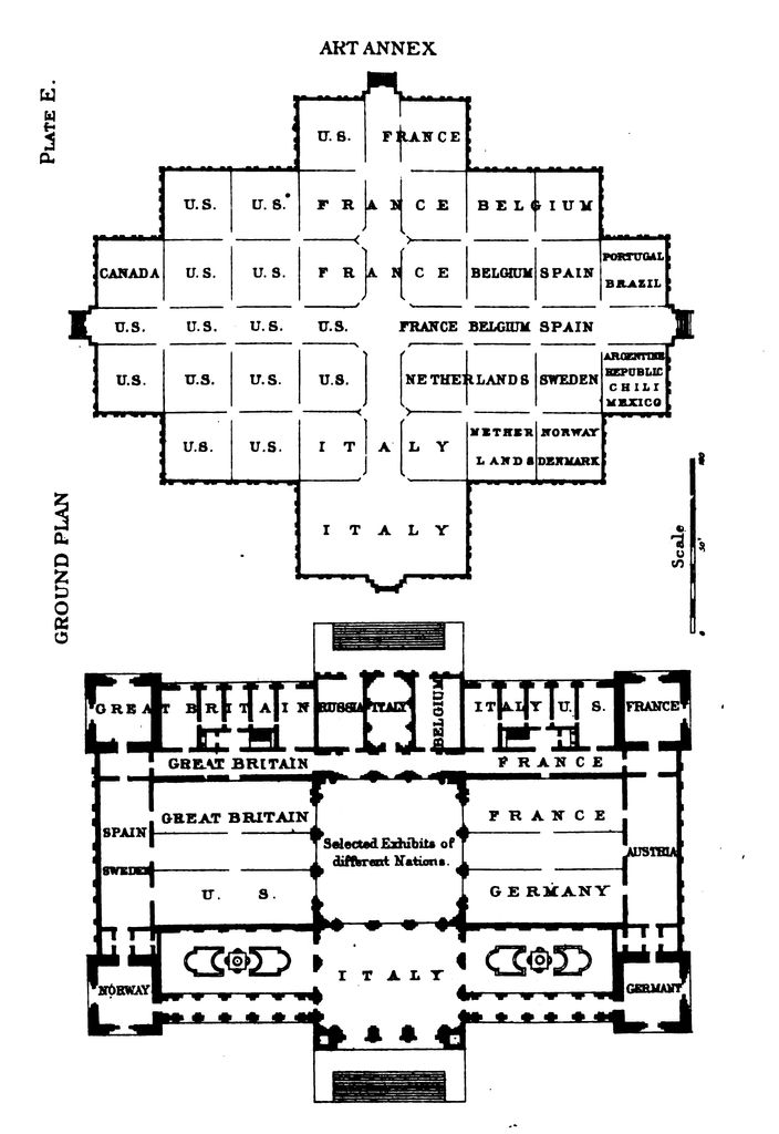 Fig. 2. Plate E—Memorial Hall and Annex, Ground-Plan, 1876. (Dorsey Gardner, Grounds and Buildings of the Centennial Exhibition, Philadelphia, 1876 (Philadelphia, PA: Lippincott, 1880), 58, Plate E).