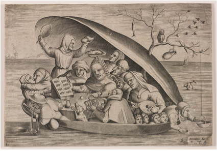 Pieter van der Heyden, Merrymakers in a Mussel Shell, 1562, engraving, 7 ¾ in x 11 ¼ in. Private collection (Courtesy of Harvard Art Museums).