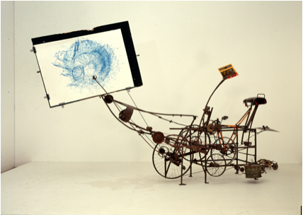 Figure 1. Jean Tinguely, Cyclograveur, 1961. Welded scrap metal, bicycle elements, sheet metal, drum and cymbal, book. 225 x 410 x 110 cm. Kunsthaus Zürich.