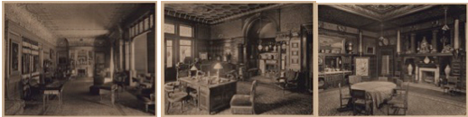 Figure 3. Left to right: Mr. J. Pierpont Morgan’s Drawing Room, Library, and Dining Room, all of which show exposed light bulbs, left intentionally uncovered. Artistic Houses: being a series of interior views of a number of the most beautiful and celebrated homes in the United States: with a description of the art treasures contained therein. Volume 1, part 1. New York: printed for the subscribers by D. Appleton & Co., 1883. (Brooklyn Museum Libraries, Special Collections).