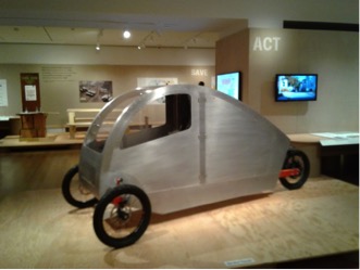 “Orbit,” a fully electric, enclosed vehicle from the “Future Cycles” series by Cameron and Rachael Van Dyke (“The Future People”), Michigan, 2012-present. Aluminum, steel, electric motor and controller, battery, bicycle parts. Photo courtesy of the author.
