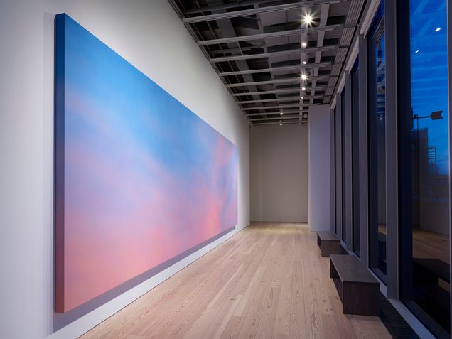 Installation view: Alex Israel, Sky Backdrop, 2016, acrylic on canvas. Collection of the artist; courtesy Reena Spaulings Fine Art, N.Y. Photograph Ron Amstutz