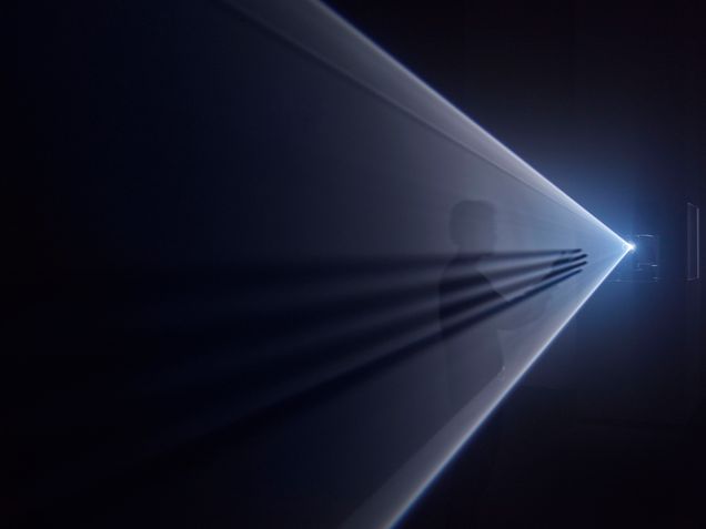 Installation view: Anthony McCall Line Describing a Cone, 1973, 16mm film, black-and-white, silent. Whitney Museum of American Art, New York; purchase with funds from the Film & Video Committee 2001.248. Photograph Ron Amstutz