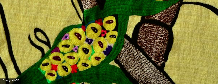 Detail. Zapatista women’s embroidery collective interpretation of Emory Douglas illustration, 2012. Embroidery.