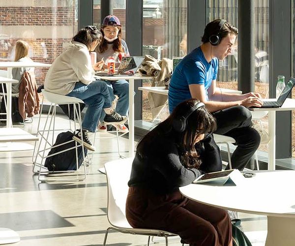 students seated in sunny lounge