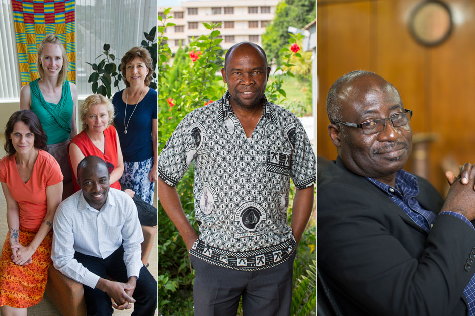 The School of Public Health team (left, clockwise from left): Jennifer Beard (SPH’06), program manager Ariel Falconer (SPH’15), Lisa Messersmith, coinvestigator Lora Sabin, and research fellow Paul Ashigbie (SPH’17); KNUST coinvestigator Thomas Agyarko-Poku (center); and co–principal investigator Yaw “Sax” Adu-Sarkodie (right). 