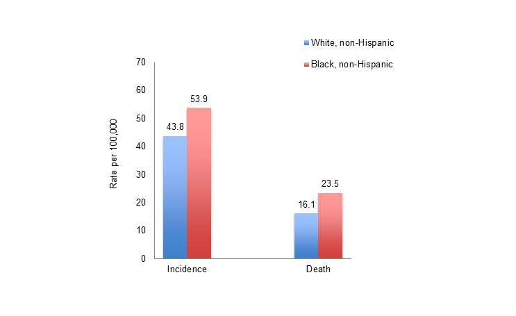 Steele CB, Rim SH, Joseph DA, King JB, Seeff LC. Colorectal cancer incidence and screening—United States, 2008 and 2010. Morbidity and Mortality Weekly Report. 2013; 62(3): 53-60. Figure 11. Age-adjusted incidence and mortality rates per 100,000 population from colorectal cancer by race/ethnicity, 2008.