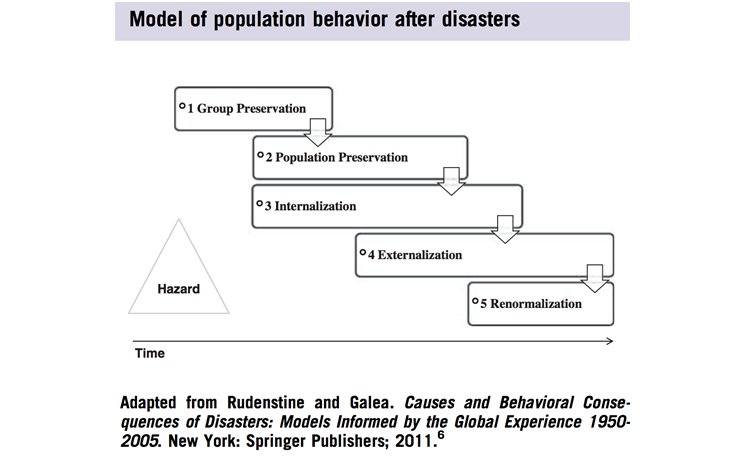 Figure 1. Rudenstine S, Galea S. The behavioral consequences of disasters: A five stage model of population behavior. Disaster Medicine and Public Health Preparedness. 2014;8: 497-504. http://dx.doi:10.1017/dmp.2014.114