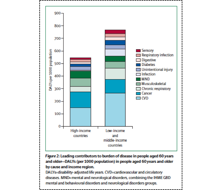 Figure 3: Leading Contributors to Burden of Disease in People Aged 60 Years and Older in 2010;” from Prince, Martin J., Fan Wu, Yanfei Guo, Luis M. Gutierrez Robledo, Martin O'Donnell, Richard Sullivan, and Salim Yusuf.