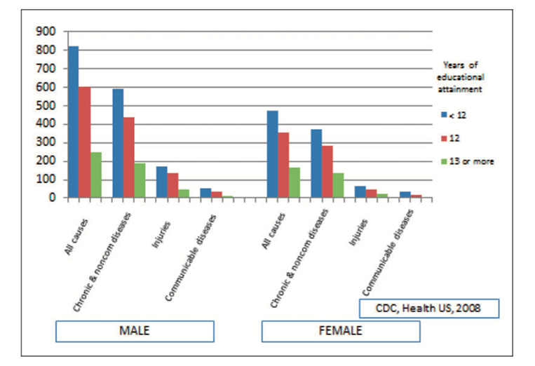 Figure 1. Hahn RA, Truman BI. Age-adjusted death rates among persons ages 25–64 years for several condition groupings, by sex and educational attainment. Selected US states, 1994–2005. International Journal of Health Services. 2015 0(0) 1—22