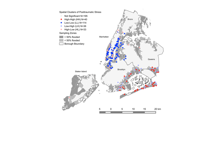 Figure 3. Significant spatial clusters of Posttraumatic Stress in New York City after Hurricane Sandy. Gruebner O, Lowe SR, Sampson L, Galea S. The geography of post-disaster mental health: Spatial patterning of psychological vulnerability and resilience in New York City after Hurricane Sandy. International Journal of Health Geographics 2015; 14:16.