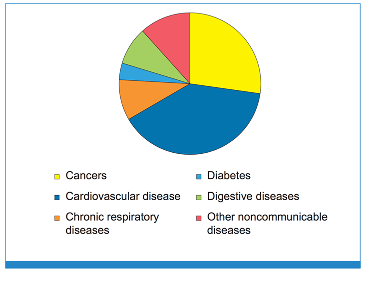 Proportion of global NCD deaths under the age of 70, by cause of death, 2008. Global status report on noncommunicable diseases: 2010. World Health Organization. Source: http://www.who.int/nmh/publications/ncd_report_full_en.pdf. Accessed June 30, 2016
