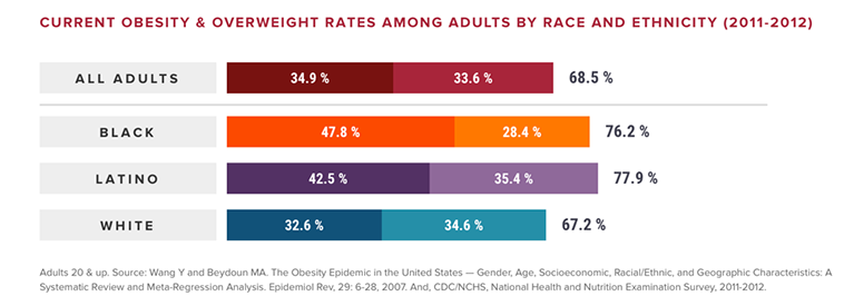 Current Obesity & Overweight Rates Among Adults by Race and Ethnicity (2011—2012) Special Report: Racial and Ethnic Disparities in Obesity. The State of Obesity Web site. http://stateofobesity.org/disparities/. Accessed October 3, 2016.