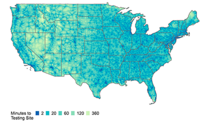 Map of the contiguous US showing travel time to testing sites