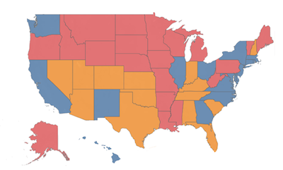 map showing states with predominance of recreation, self-defense, and Second Amendment activism