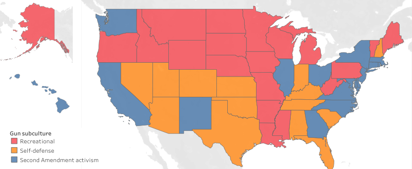 Map showing states with predominance of recreation, self-defense, and Second Amendment activism