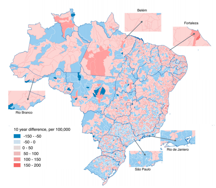 Changes in homicide in Brazil by municipality, 2000-2014