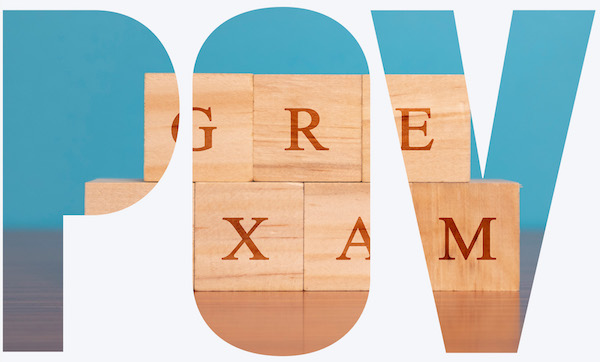 Blocks spell out GRE EXAM within large letters spelling POV
