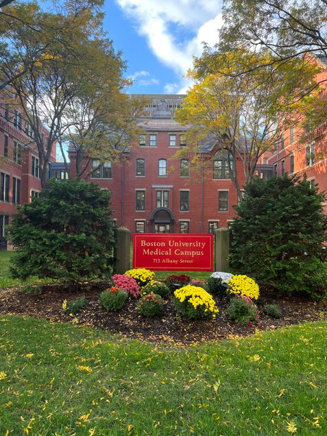 Talbot building and Boston University Medical Campus sign in the fall