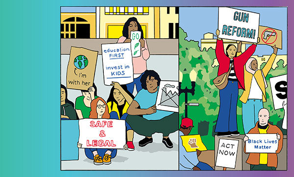 Cartoon depicting protests for gun reform, climate change, Black Lives Matter, etc