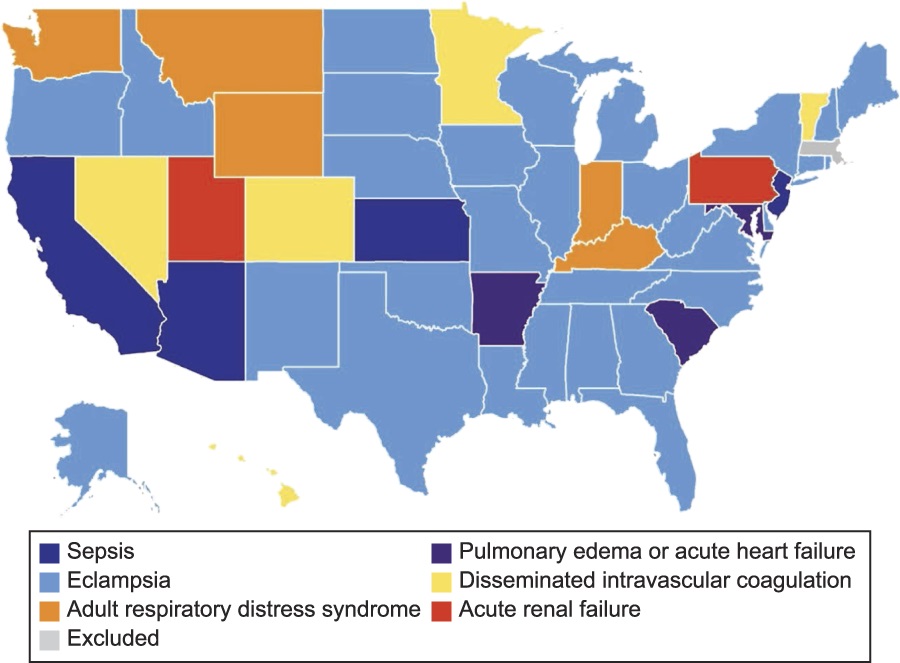 Graph of United States depicting state where pregnancy complications