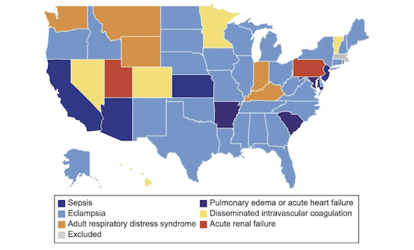 Graph of United States depicting state where pregnancy complications