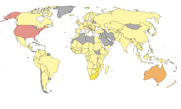 Map of the world, most countries are a light yellow color, USA is in red