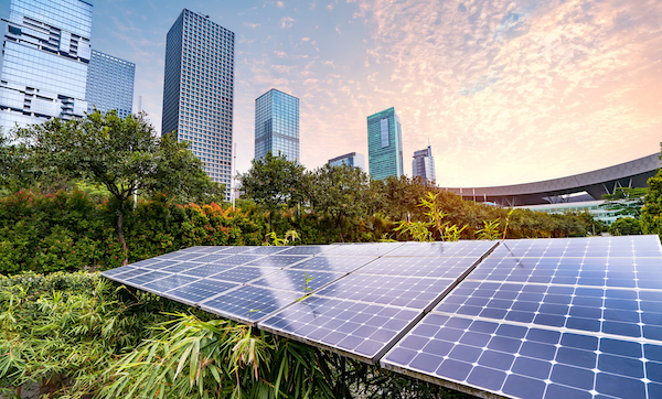 Solar Power Plant in modern city, Sustainable Renewable Energy.