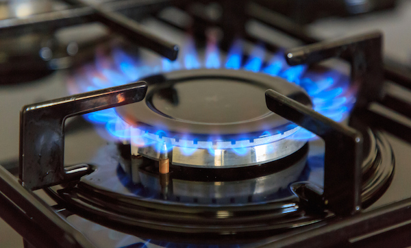 Blue flames of a natural gas hob cooker burner working