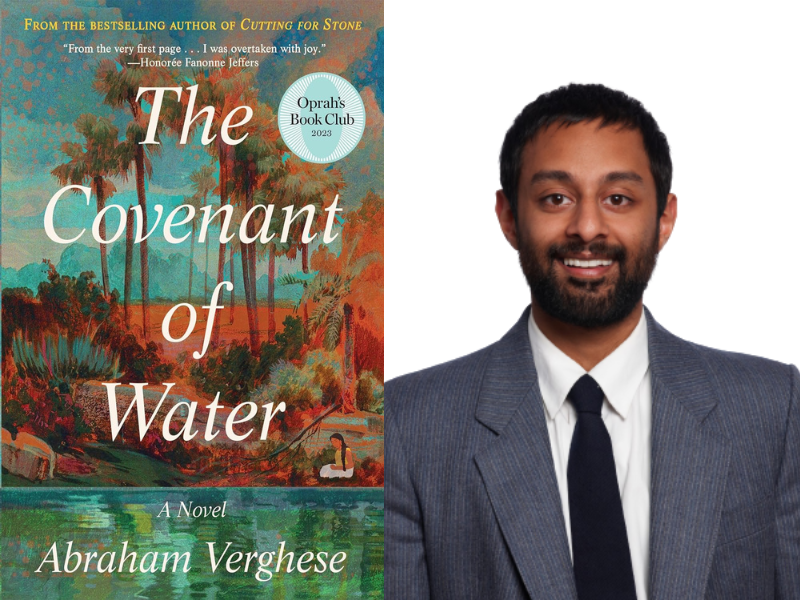The cover of the book "The Covenant of Water" beside a headshot of Anoop Jain