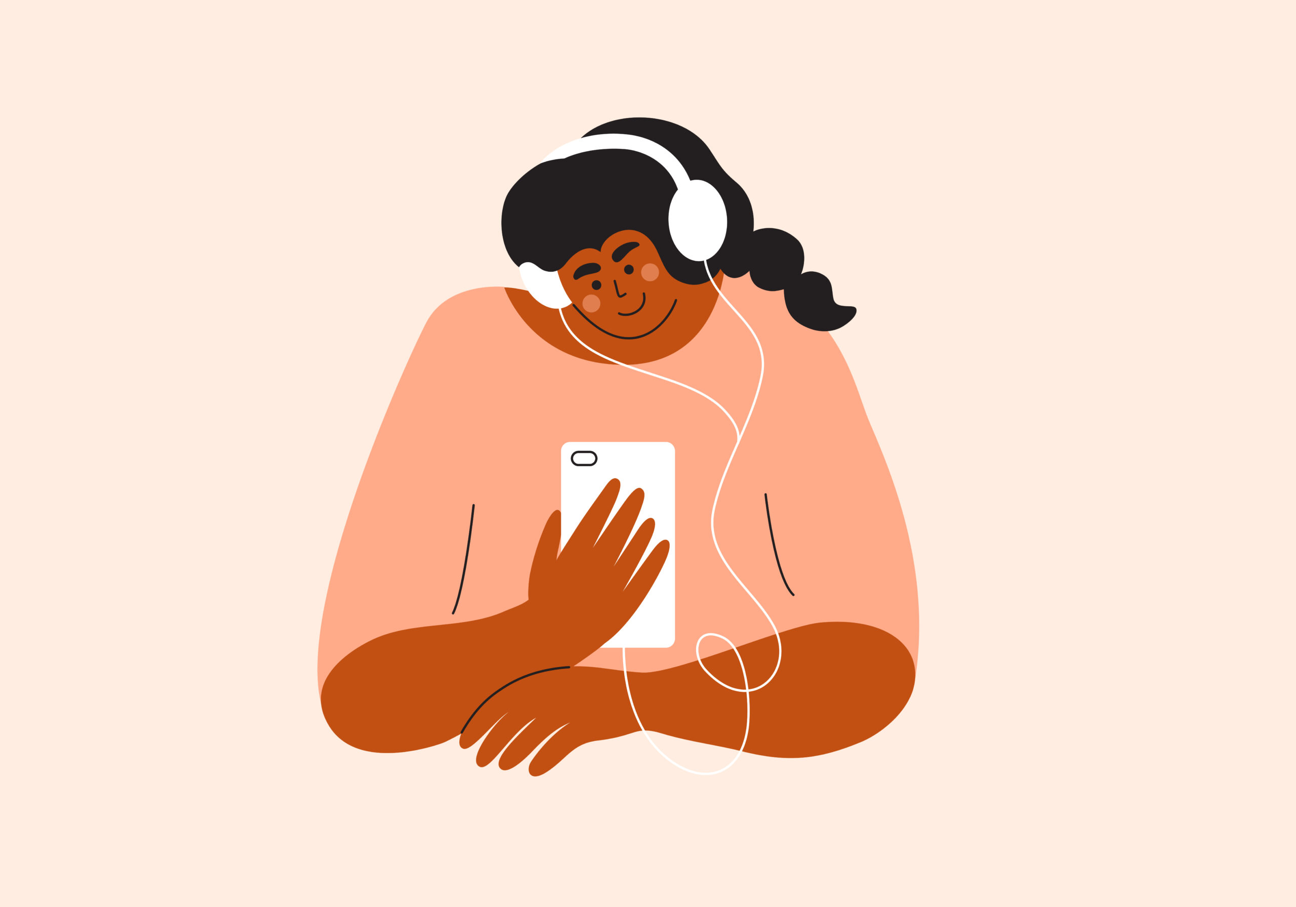 Graphic of person wearing headphones and looking at their phone