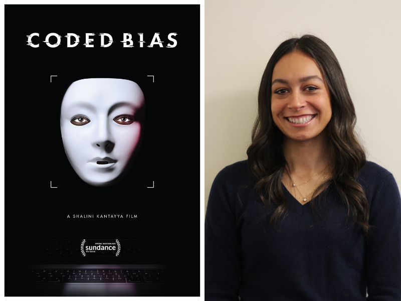 Cover of film "Coded Bias" beside headshot of MacKenzie Hilton