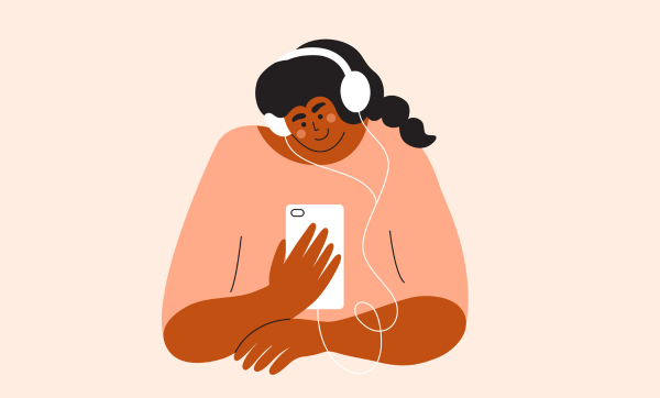 Graphic of person wearing headphones and looking at their phone