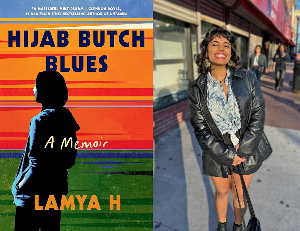 Hijab Butch Blues cover art and a photo of Aisha Gorashian