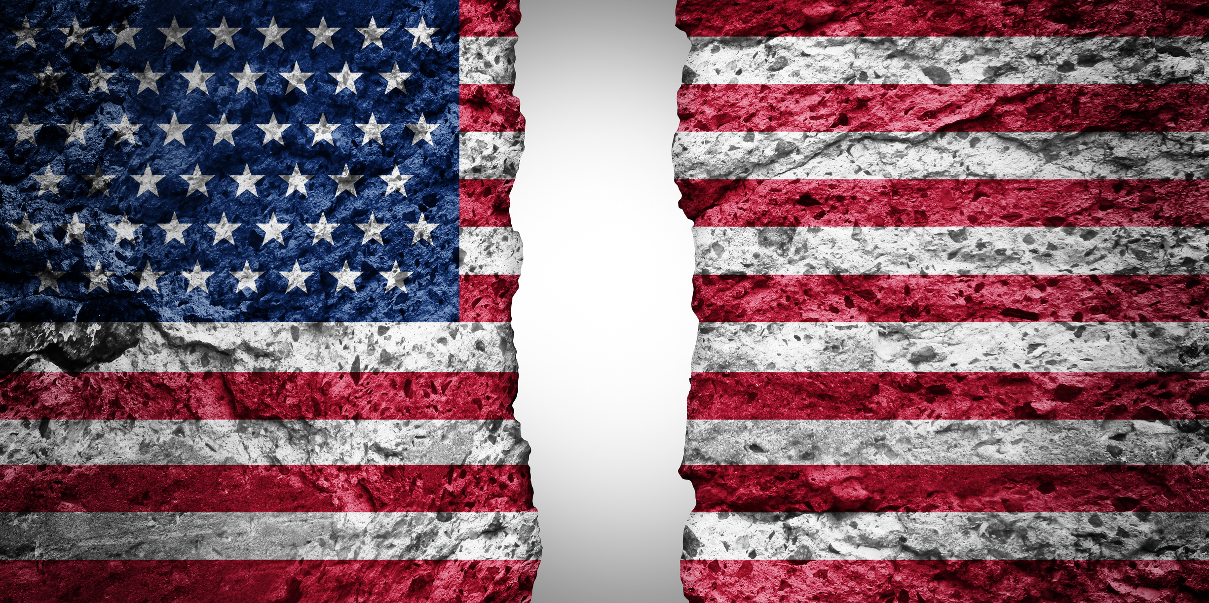 Polarization In US Politics and divided America political symbol for government dysfunction in the United States as a two party system election.