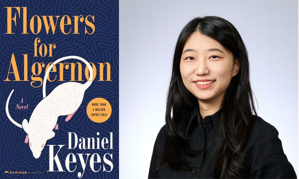 Cover of Flowers for Algernon book (left) and headshot of Linge Hong (right)