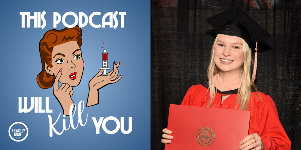 Cover of This Podcast Will Kill You (left) and headshot of Anna Staddon (right)