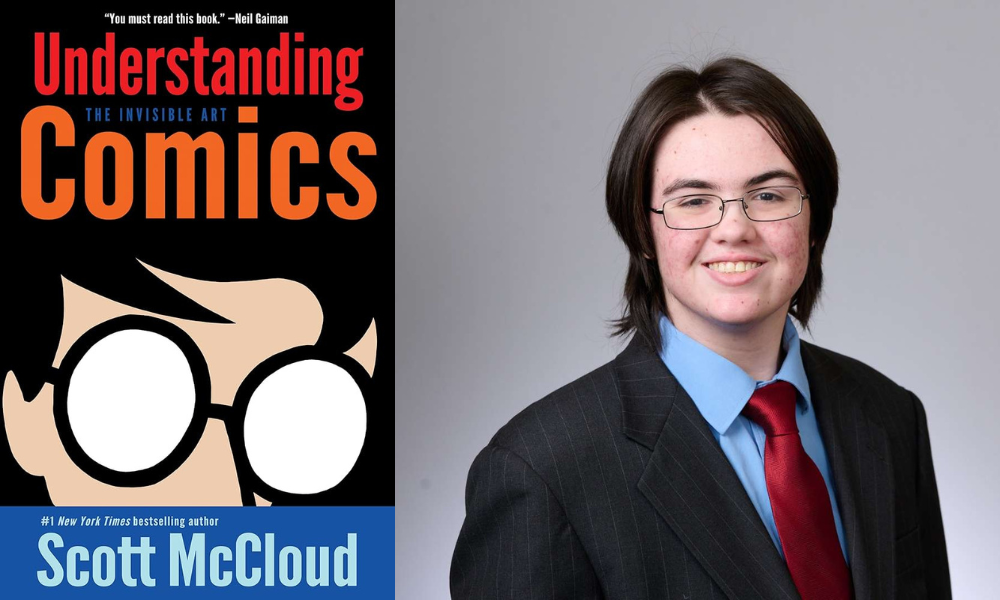 Cover of Understanding Comics book (left) and headshot of SPH student Lucas Nurmi (right)