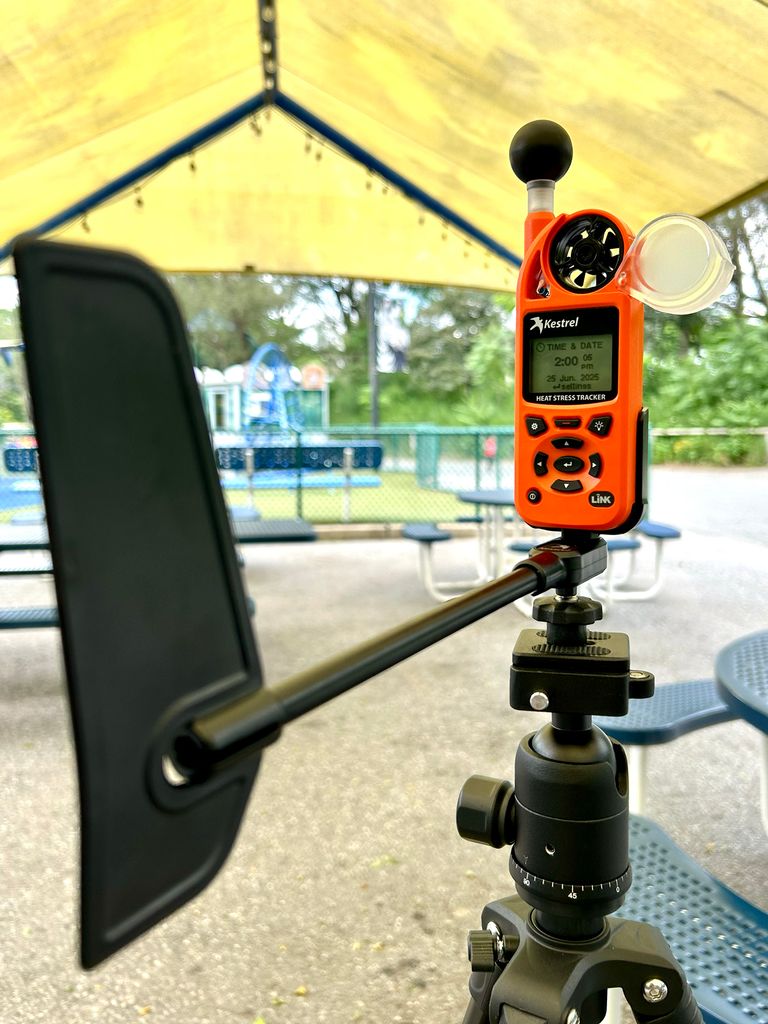 A close-up of the temperature sensor, a Kestrel 5400 Heat Stress Tracker.
