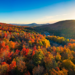 Aerial view of Mountain Forests with Brilliant Fall Colors in Autumn at Sunrise, New England