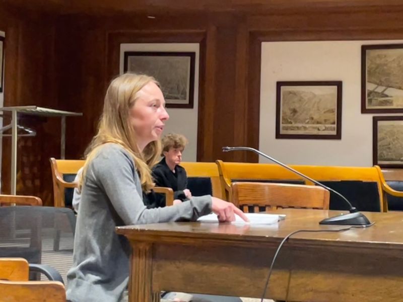 Samantha Hall testifies at the State House before the Joint Committee on Labor and Workforce Development. 