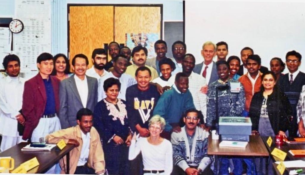 The Financing Healthcare in Developing Countries course class of 1995 with Brian Abel-Smith, professor emeritus at the London School of Economics, at the conclusion of his series of lectures in September 1995. M. A. Jama (later Assistant Director General, WHO) stands to his left in the back row. Abel-Smith died of cancer on April 4, 1996; thus, this was perhaps his last lecture at SPH. Earlier, he advised 50-60 countries, the World Health Organization, the International Labor Union, and the World Bank on health economics, health systems, and social welfare systems.