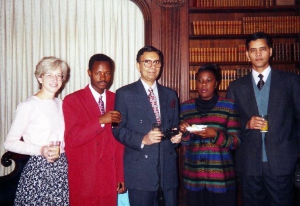 Graduates of Financing Healthcare in Developing Countries celebrate their completion of the course, December 1995. From left: Sheila Purves (would go on to earn Member of the Most Excellent Order of the British Empire for her work), Bamoussa Coulibaly, Ghulam Nabi Kazi, Esther Ngoi, and Hadramy El-Ducros.