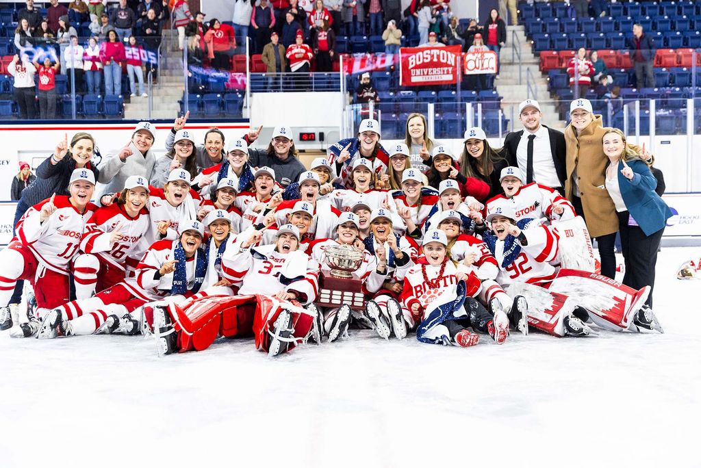 The BU women's ice hockey team after winning the 2025 Hockey East title.